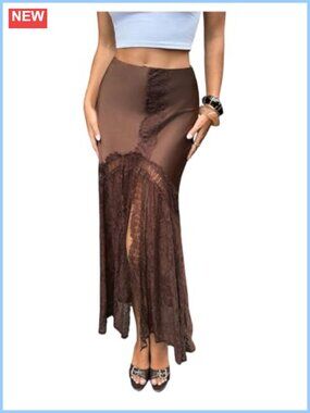 Lace High Slit Long Skirt Low Rise Ruffle Flowy Mesh Streetwear